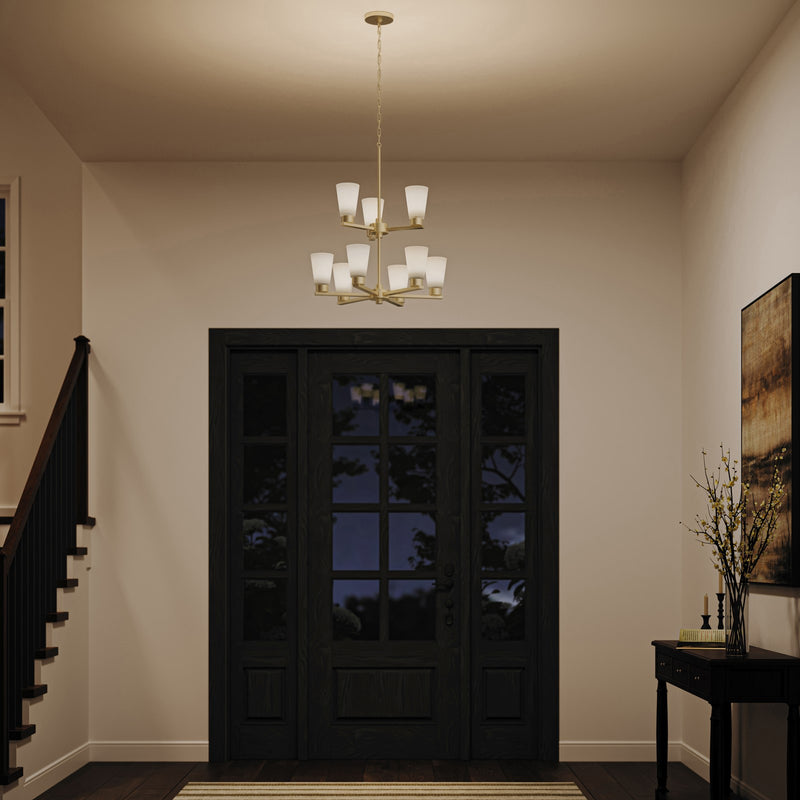 Kichler Stamos 24in 9-Light 2-Tier Chandelier | Modern Brushed Gold Steel and Satin Etched Glass | Dining Room & Living Room | 27 in H, Adjustable | Model 52438BG