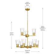 Kichler Stamos 24in 9-Light Chandelier | Modern Brushed Gold Steel and Clear Glass | Dining Room & Living Room | 27in H | Model 52438BGCLR