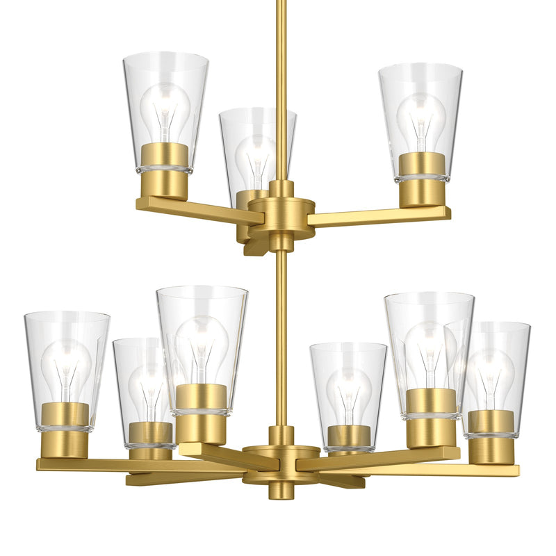 Kichler Stamos 24in 9-Light Chandelier | Modern Brushed Gold Steel and Clear Glass | Dining Room & Living Room | 27in H | Model 52438BGCLR