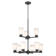Kichler Stamos 24in 9-Light Chandelier | Modern Black Steel and Satin Etched Glass | Dining Room & Living Room | 27in H | Model 52438BK