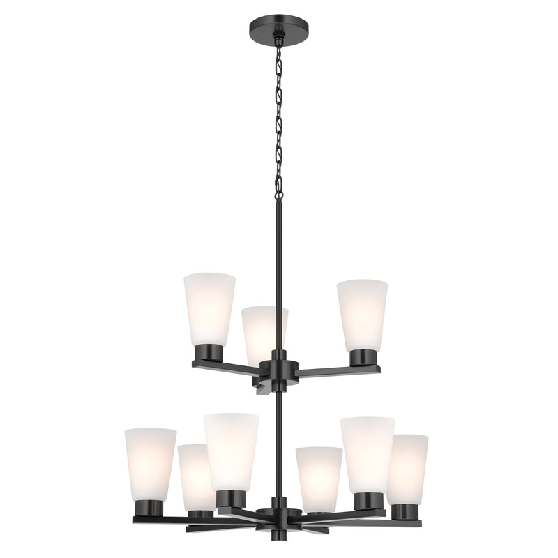 Kichler Stamos 24in 9-Light Chandelier | Modern Black Steel and Satin Etched Glass | Dining Room & Living Room | 27in H | Model 52438BK