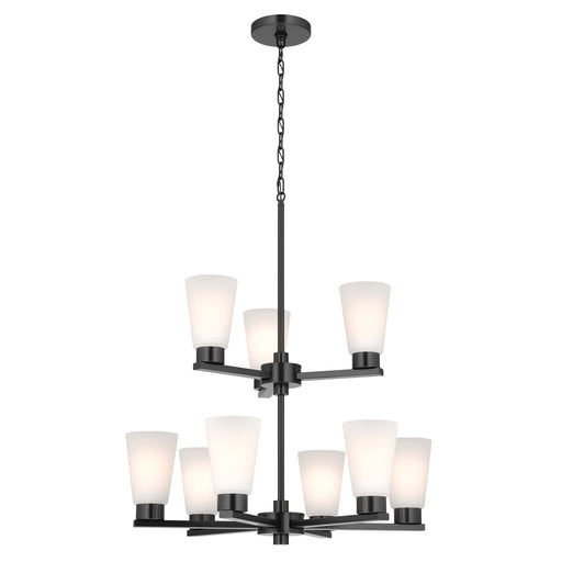 Kichler Stamos 24in 9-Light Chandelier | Modern Black Steel and Satin Etched Glass | Dining Room & Living Room | 27in H | Model 52438BK