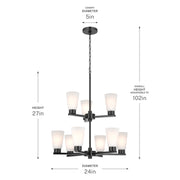 Kichler Stamos 24in 9-Light Chandelier | Modern Black Steel and Satin Etched Glass | Dining Room & Living Room | 27in H | Model 52438BK