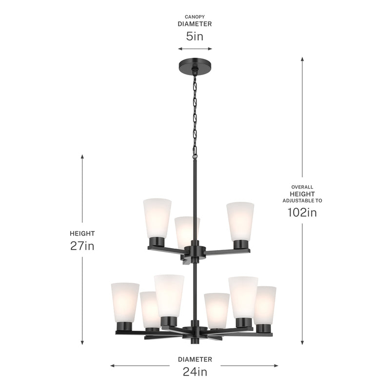 Kichler Stamos 24in 9-Light Chandelier | Modern Black Steel and Satin Etched Glass | Dining Room & Living Room | 27in H | Model 52438BK