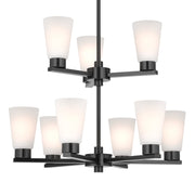 Kichler Stamos 24in 9-Light Chandelier | Modern Black Steel and Satin Etched Glass | Dining Room & Living Room | 27in H | Model 52438BK