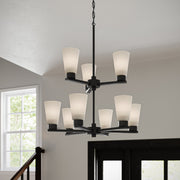 Kichler Stamos 24in 9-Light Chandelier | Modern Black Steel and Satin Etched Glass | Dining Room & Living Room | 27in H | Model 52438BK
