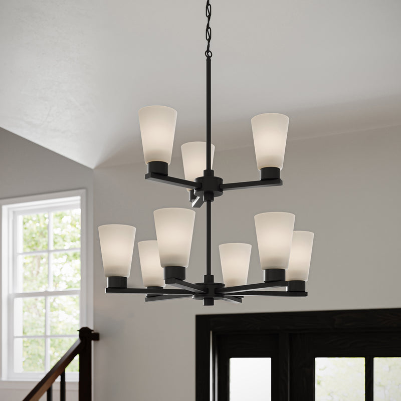 Kichler Stamos 24in 9-Light Chandelier | Modern Black Steel and Satin Etched Glass | Dining Room & Living Room | 27in H | Model 52438BK