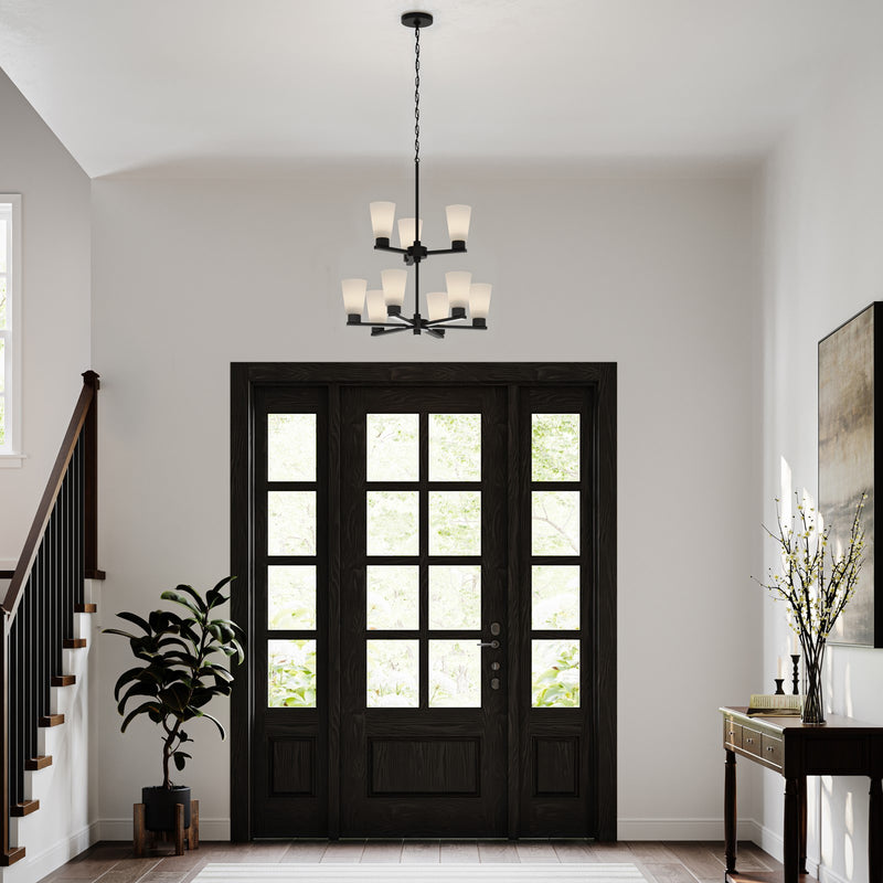 Kichler Stamos 24in 9-Light Chandelier | Modern Black Steel and Satin Etched Glass | Dining Room & Living Room | 27in H | Model 52438BK
