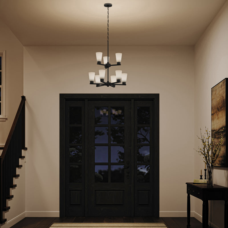 Kichler Stamos 24in 9-Light Chandelier | Modern Black Steel and Satin Etched Glass | Dining Room & Living Room | 27in H | Model 52438BK