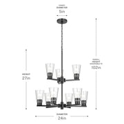 Kichler Stamos 24in 9-Light Chandelier | Modern Black Steel and Clear Glass | Dining Room & Living Room | 27in H | Model 52438BKCLR