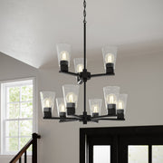 Kichler Stamos 24in 9-Light Chandelier | Modern Black Steel and Clear Glass | Dining Room & Living Room | 27in H | Model 52438BKCLR