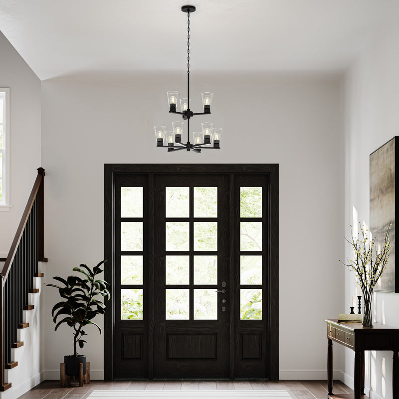 Kichler Stamos 24in 9-Light Chandelier | Modern Black Steel and Clear Glass | Dining Room & Living Room | 27in H | Model 52438BKCLR