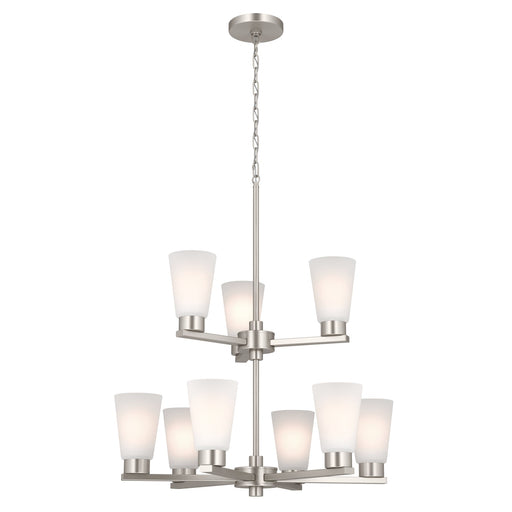 Kichler Stamos 24in 9-Light Chandelier | Modern Brushed Nickel Steel and Satin Etched Glass | Dining Room & Living Room | 27in H | Model 52438NI