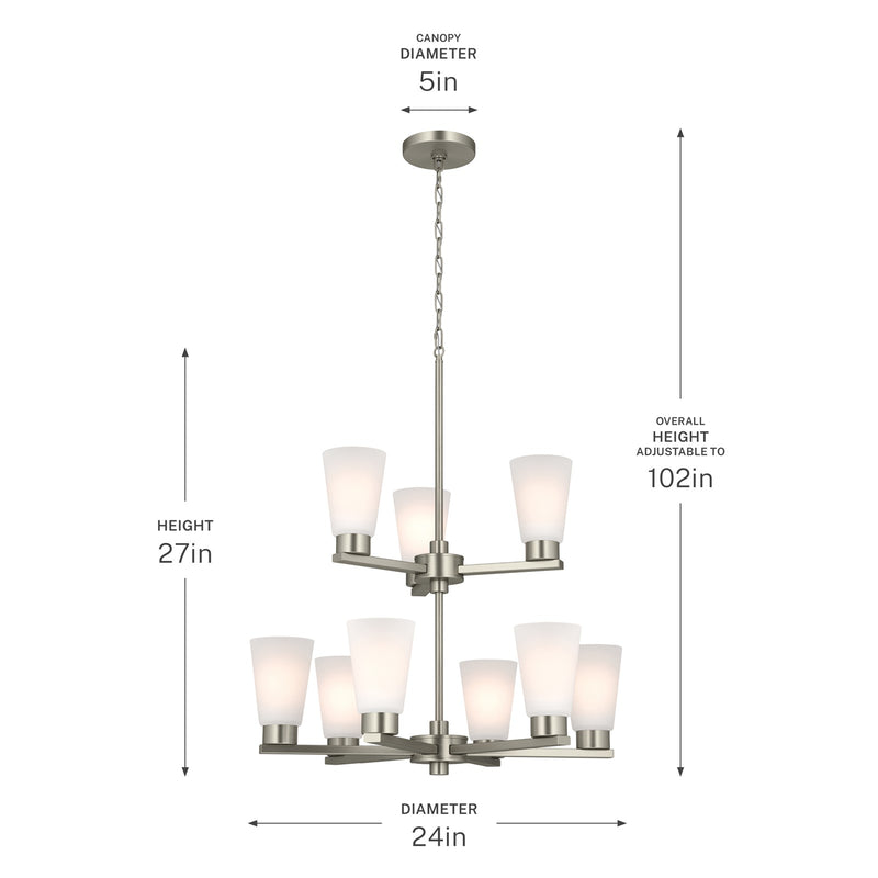 Kichler Stamos 24in 9-Light Chandelier | Modern Brushed Nickel Steel and Satin Etched Glass | Dining Room & Living Room | 27in H | Model 52438NI