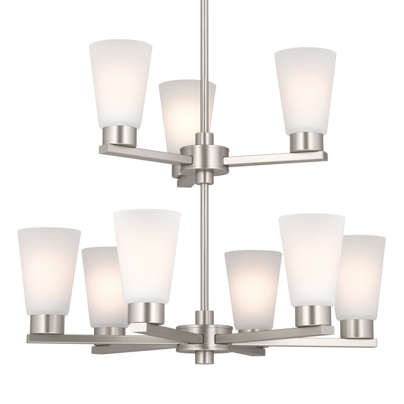 Kichler Stamos 24in 9-Light Chandelier | Modern Brushed Nickel Steel and Satin Etched Glass | Dining Room & Living Room | 27in H | Model 52438NI