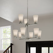 Kichler Stamos 24in 9-Light Chandelier | Modern Brushed Nickel Steel and Satin Etched Glass | Dining Room & Living Room | 27in H | Model 52438NI