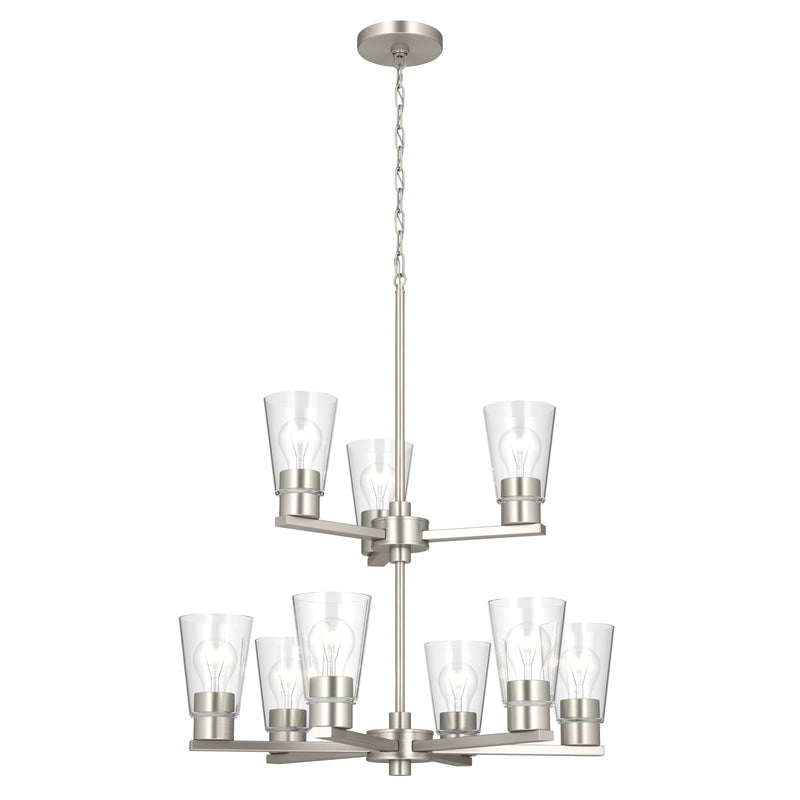 Kichler Stamos 24in 9-Light Chandelier | Modern Brushed Nickel Steel and Clear Glass | Dining Room & Living Room | 27 in H, 36 in Chain | Model 52438NICLR