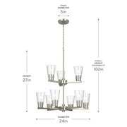 Kichler Stamos 24in 9-Light Chandelier | Modern Brushed Nickel Steel and Clear Glass | Dining Room & Living Room | 27 in H, 36 in Chain | Model 52438NICLR