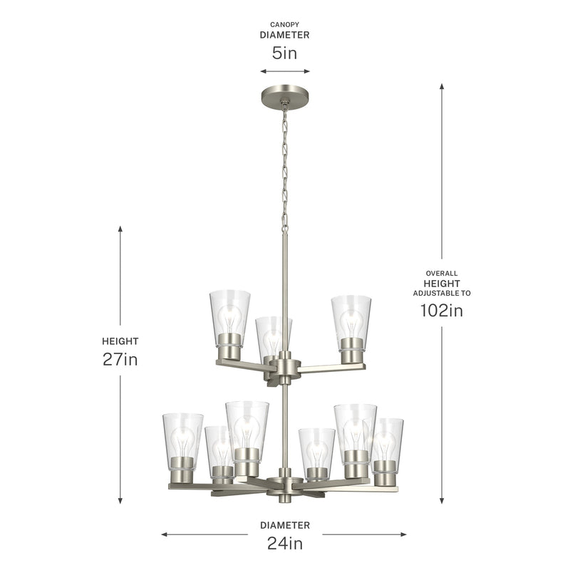 Kichler Stamos 24in 9-Light Chandelier | Modern Brushed Nickel Steel and Clear Glass | Dining Room & Living Room | 27 in H, 36 in Chain | Model 52438NICLR
