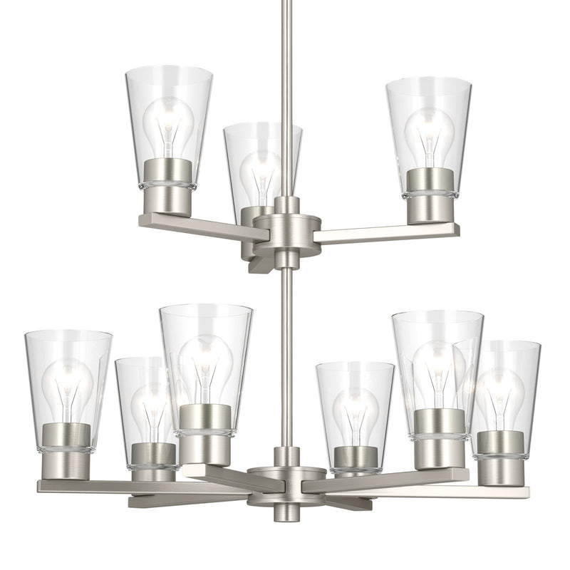 Kichler Stamos 24in 9-Light Chandelier | Modern Brushed Nickel Steel and Clear Glass | Dining Room & Living Room | 27 in H, 36 in Chain | Model 52438NICLR
