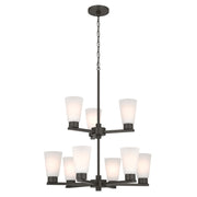 Kichler Stamos 24in 9-Light Chandelier | Modern Olde Bronze Steel and Satin Etched Glass | Dining Room & Living Room | 27 in H, 36 in Chain | Model 52438OZ