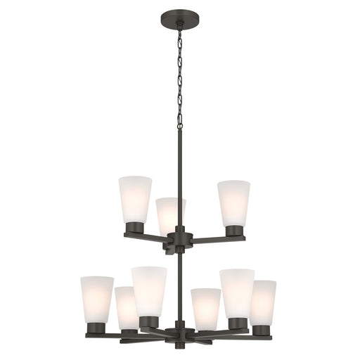 Kichler Stamos 24in 9-Light Chandelier | Modern Olde Bronze Steel and Satin Etched Glass | Dining Room & Living Room | 27 in H, 36 in Chain | Model 52438OZ