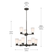 Kichler Stamos 24in 9-Light Chandelier | Modern Olde Bronze Steel and Satin Etched Glass | Dining Room & Living Room | 27 in H, 36 in Chain | Model 52438OZ