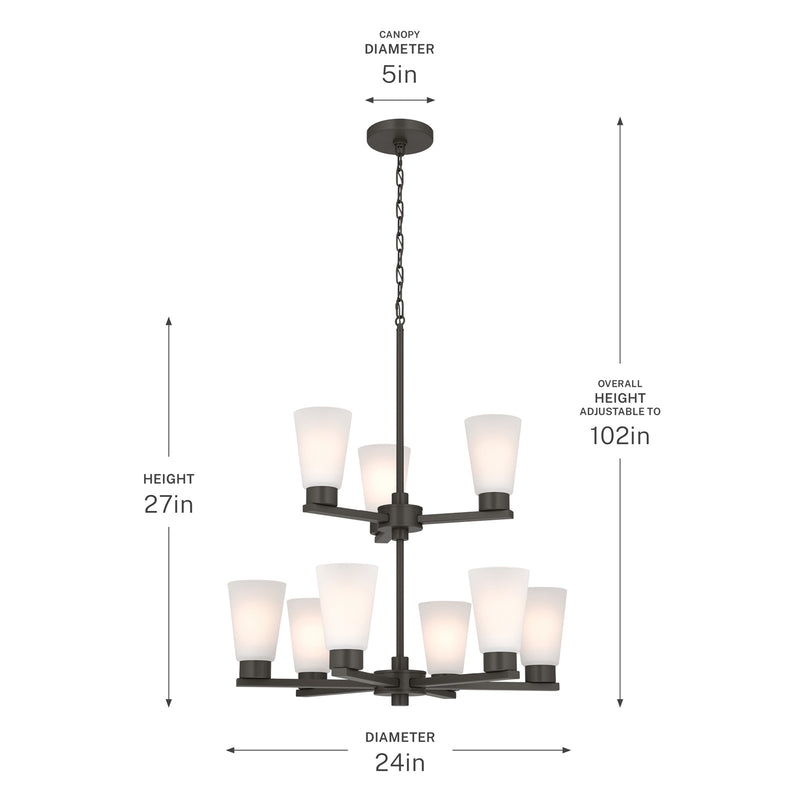 Kichler Stamos 24in 9-Light Chandelier | Modern Olde Bronze Steel and Satin Etched Glass | Dining Room & Living Room | 27 in H, 36 in Chain | Model 52438OZ