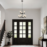 Kichler Stamos 24in 9-Light Chandelier | Modern Olde Bronze Steel and Satin Etched Glass | Dining Room & Living Room | 27 in H, 36 in Chain | Model 52438OZ