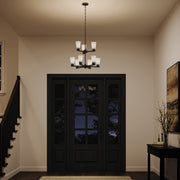 Kichler Stamos 24in 9-Light Chandelier | Modern Olde Bronze Steel and Satin Etched Glass | Dining Room & Living Room | 27 in H, 36 in Chain | Model 52438OZ