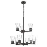 Kichler Stamos 24in 9-Light Chandelier | Modern Olde Bronze Steel and Clear Glass | Dining Room & Living Room | 27 in H, 36 in Chain | Model 52438OZCLR