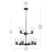 Kichler Stamos 24in 9-Light Chandelier | Modern Olde Bronze Steel and Clear Glass | Dining Room & Living Room | 27 in H, 36 in Chain | Model 52438OZCLR