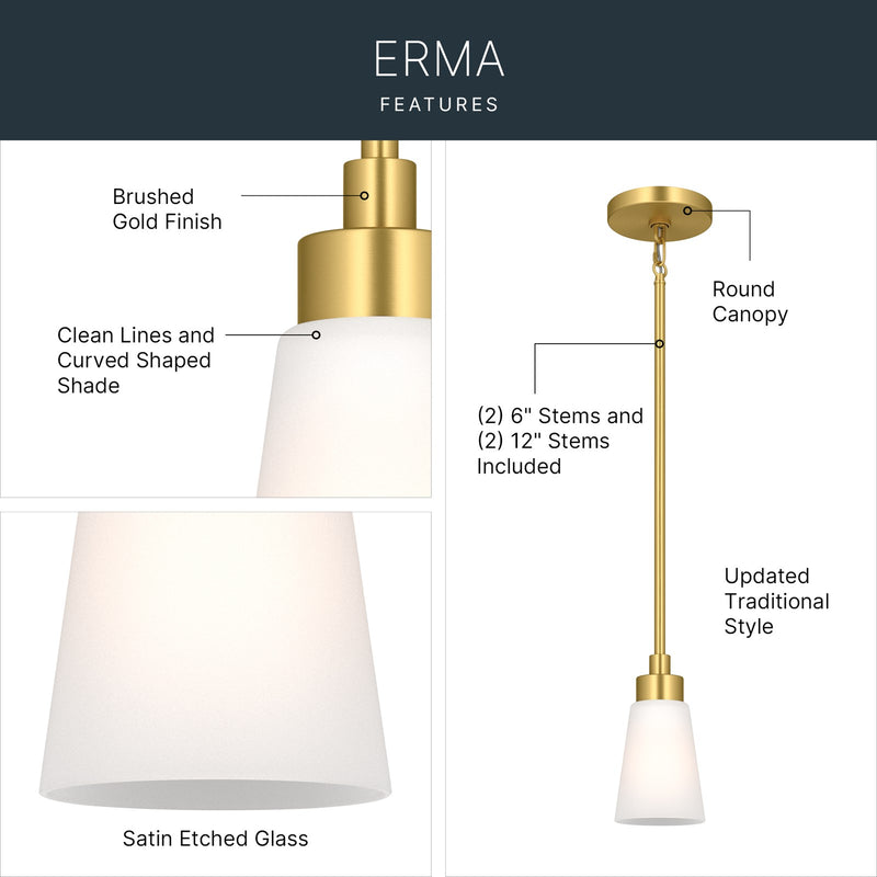 Kichler Erma 4in 1-Light Mini Pendant | Traditional Brushed Gold Steel and Clear Satin Etched Glass | Kitchen Island & Dining Room | 7.5 in H | Model 52444BG