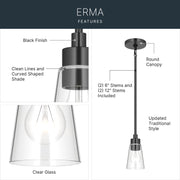 Kichler Erma 4in 1-Light Mini Pendant | Traditional Black Steel and Clear Satin Etched Glass | Kitchen Island & Dining Room | 7.5 in H | Model 52444BKCLR