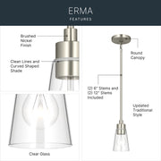 Kichler Erma 4in 1-Light Mini Pendant | Traditional Brushed Nickel Steel and Clear Satin Etched Glass | Kitchen Island & Dining Room | 7.5 in H | Model 52444NICLR