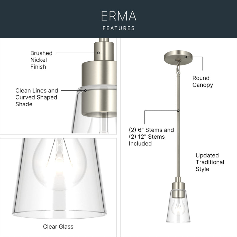 Kichler Erma 4in 1-Light Mini Pendant | Traditional Brushed Nickel Steel and Clear Satin Etched Glass | Kitchen Island & Dining Room | 7.5 in H | Model 52444NICLR