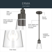 Kichler Erma 4in 1-Light Mini Pendant | Traditional Olde Bronze Steel and Clear Satin Etched Glass | Kitchen Island & Dining Room | 7.5 in H | Model 52444OZCLR