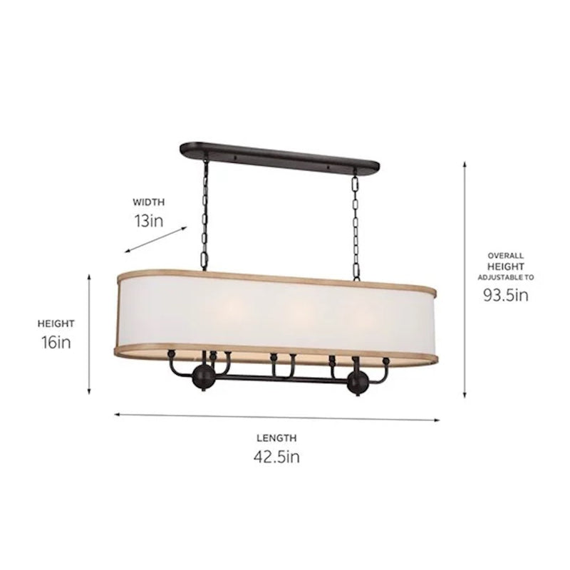 Kichler Heddle 42in 8-Light Linear Chandelier | Industrial Natural Brass and Fabric Drum Shade | Dining Room & Great Room | Model 52467NBR