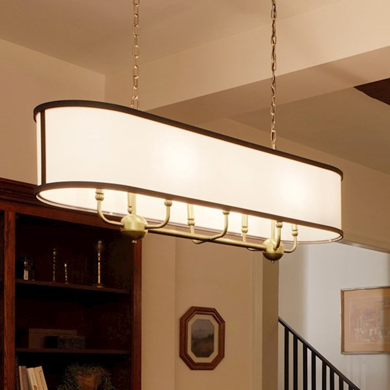 Kichler Heddle 42in 8-Light Linear Chandelier | Industrial Natural Brass and Fabric Drum Shade | Dining Room & Great Room | Model 52467NBR