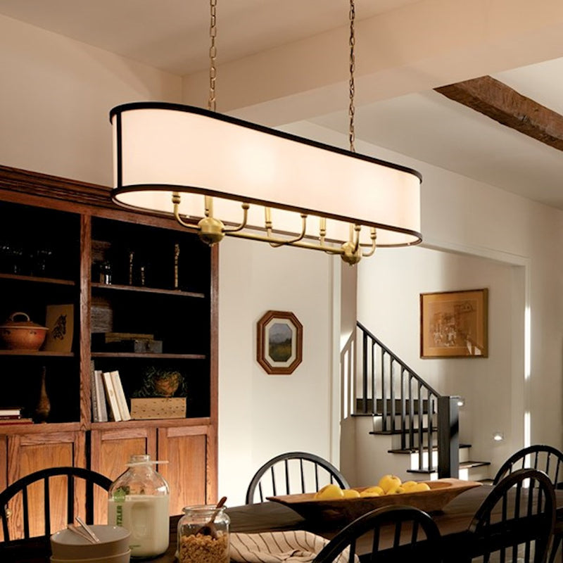 Kichler Heddle 42in 8-Light Linear Chandelier | Industrial Natural Brass and Fabric Drum Shade | Dining Room & Great Room | Model 52467NBR