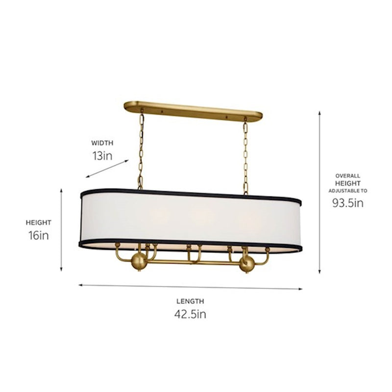 Kichler Heddle 42in 8-Light Linear Chandelier | Industrial Natural Brass and Fabric Drum Shade | Dining Room & Great Room | Model 52467NBR