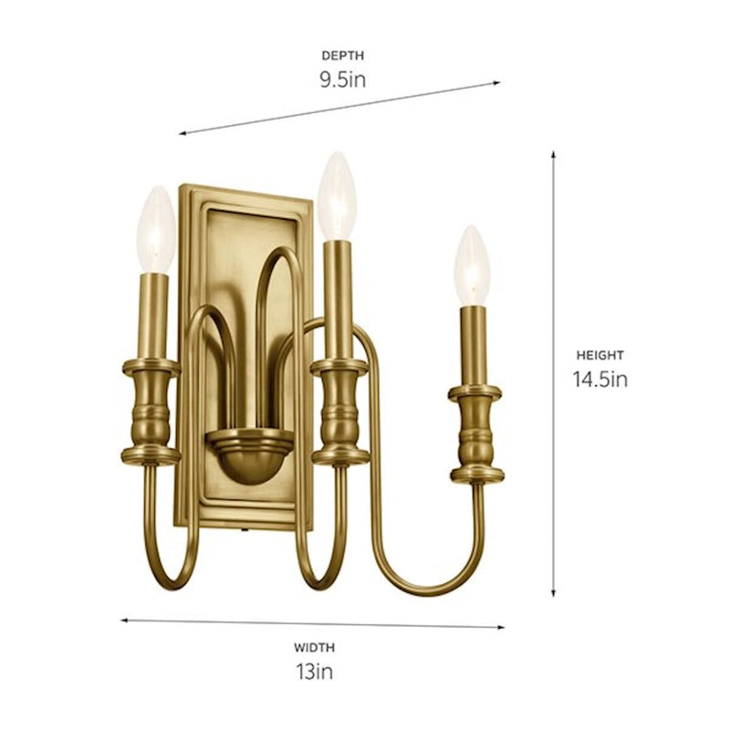 Kichler Karthe 13in 3-Light Wall Sconce | Updated Traditional Brushed Nickel Steel | Hallway & Bathroom | 14.5in H x 9.5in Ext | Model 52473NI