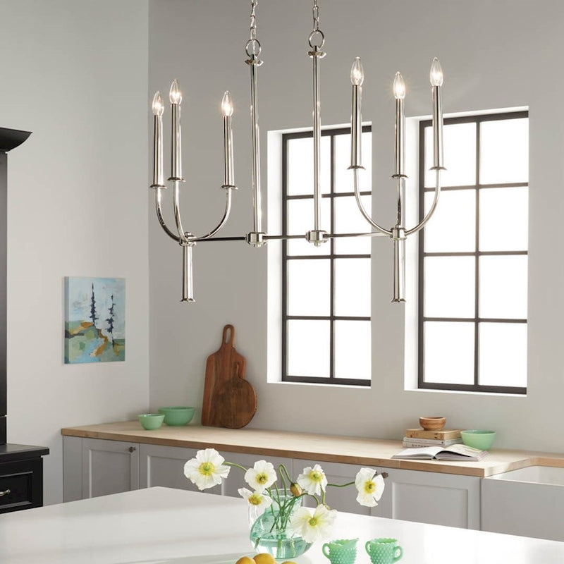 Kichler Florence 40in 6-Light Linear Chandelier | Updated Traditional Polished Nickel | Dining Room & Kitchen Island | Model 52495PN
