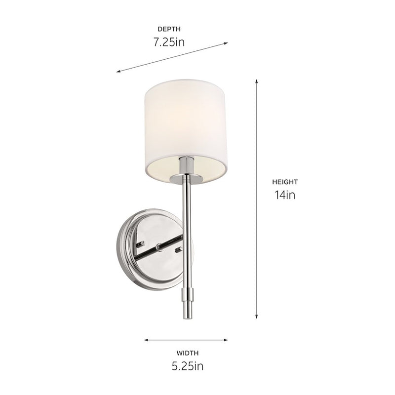 Kichler Ali 5in 1-Light Wall Sconce | Updated Traditional Polished Nickel & Fabric Shade | Bedroom & Living Room | 40W Candelabra | Model 52505PN