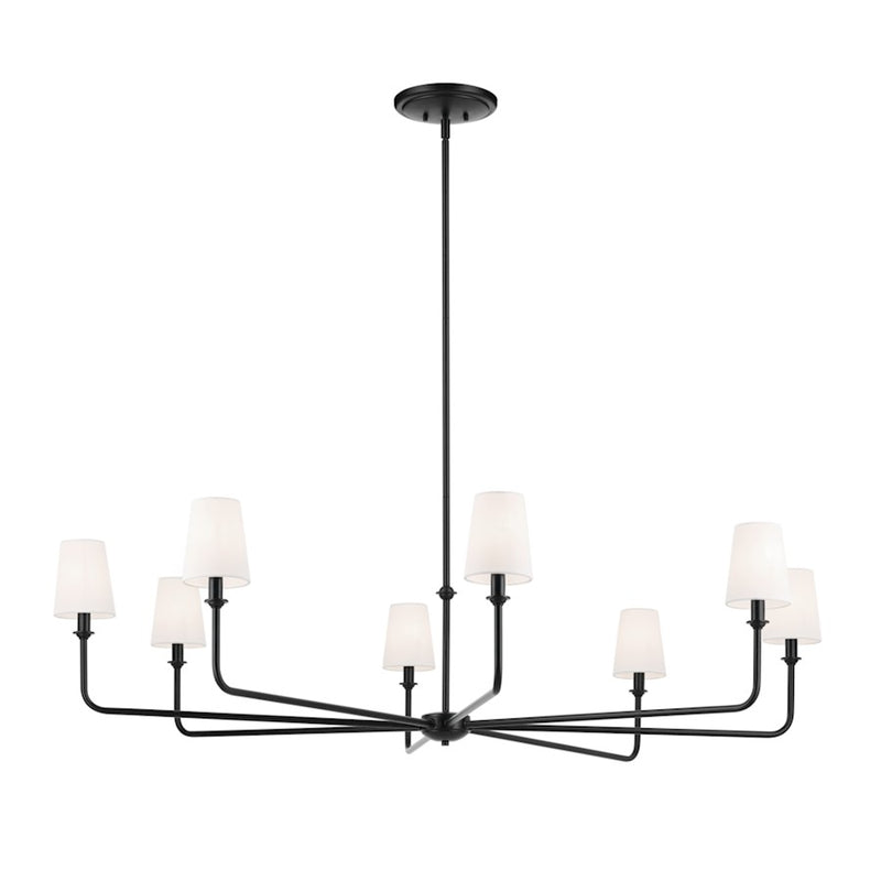 Kichler Pallas 52in 8-Light Round Chandelier | Traditional Black Steel with White Linen Shades | Dining Room & Living Room | Model 52521BK