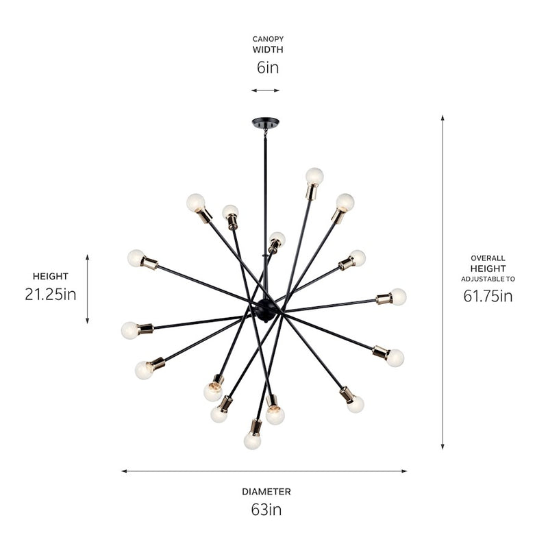 Kichler Armstrong 63in 16-Light Chandelier | Mid-Century Modern Black Steel | Dining Room & Living Room | 21 in H | Model 52537BK