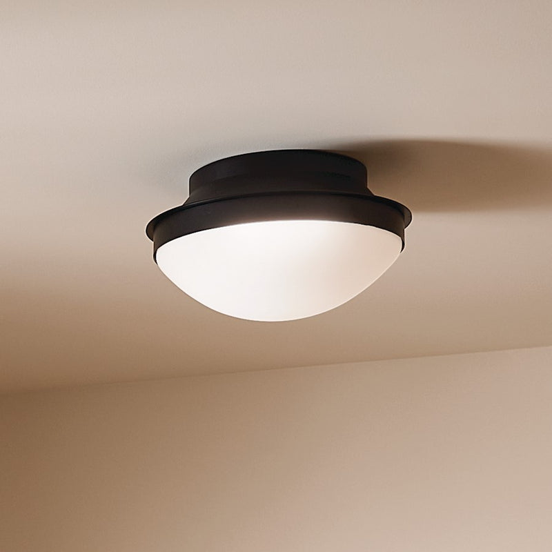 Kichler Bretta 8in 3-Light Flush Mount | Updated Traditional Black and Satin Etched Cased Opal Glass | Damp Location Bathroom | Model 52545BK