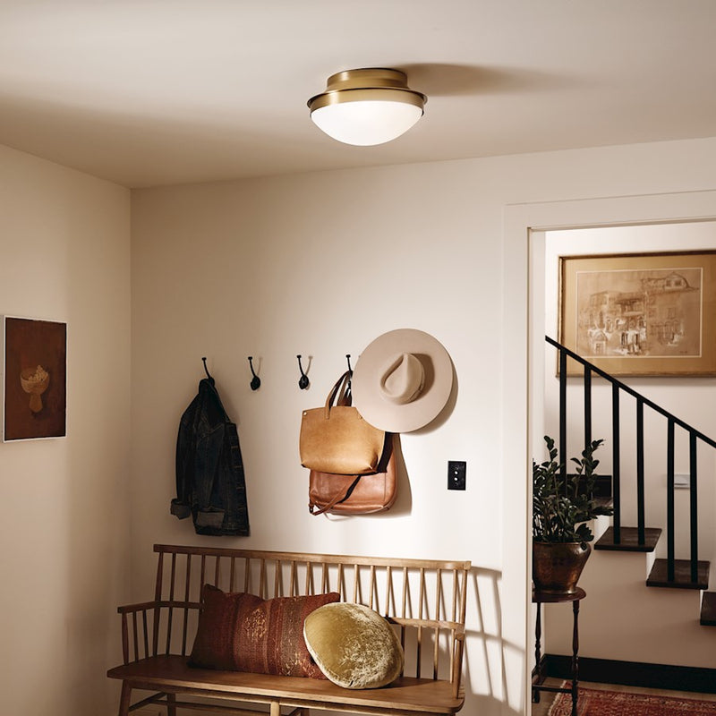 Kichler Bretta 8in 3-Light Flush Mount | Updated Traditional Black and Satin Etched Cased Opal Glass | Damp Location Bathroom | Model 52545BK