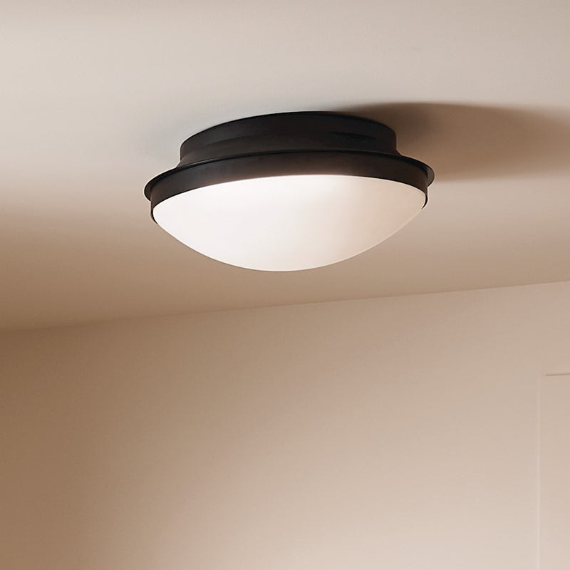 Kichler Bretta 8in 3-Light Flush Mount | Updated Traditional Black and Satin Etched Cased Opal Glass | Damp Location Bathroom | Model 52545BK