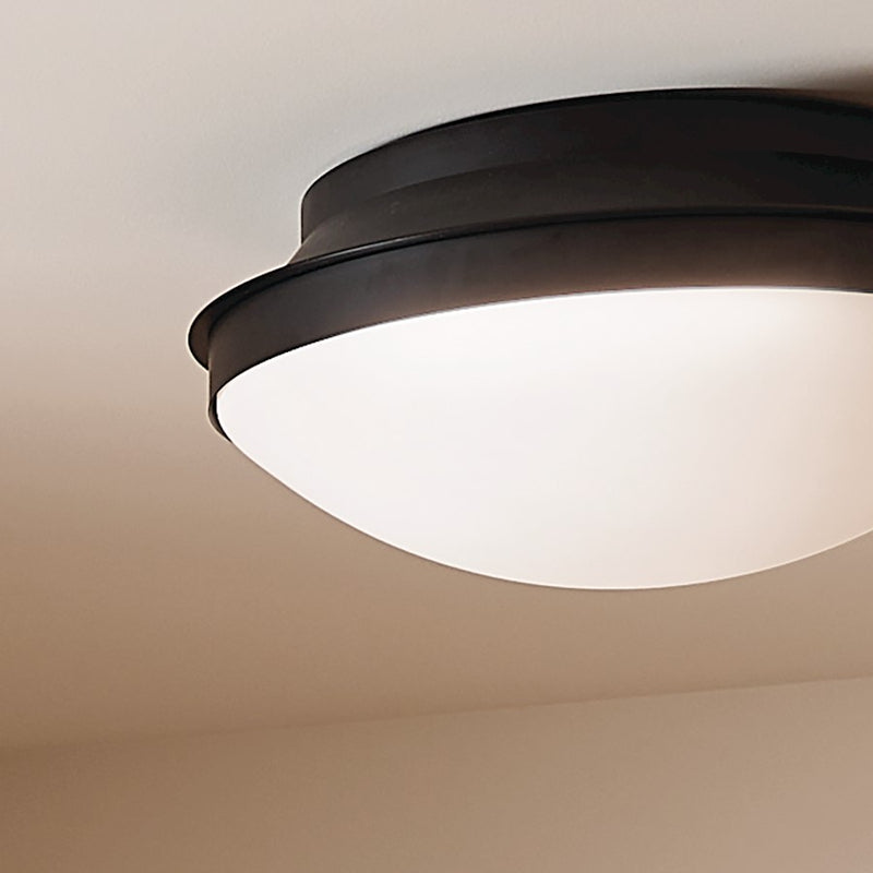 Kichler Bretta 8in 3-Light Flush Mount | Updated Traditional Black and Satin Etched Cased Opal Glass | Damp Location Bathroom | Model 52545BK
